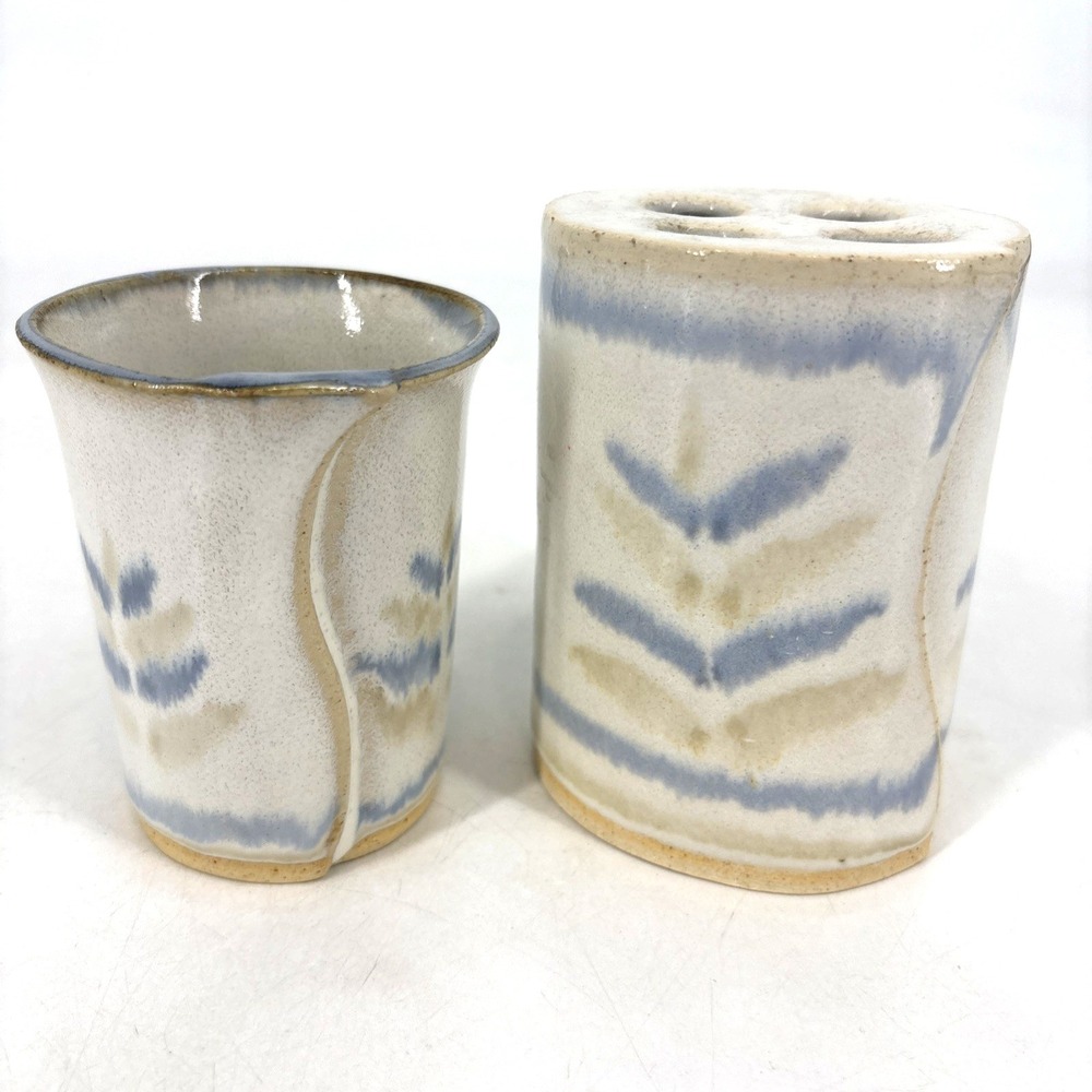 Handcrafted Bay Pottery Blue Tan Glaze Toothbrush Holder and Bathroom Water Cup